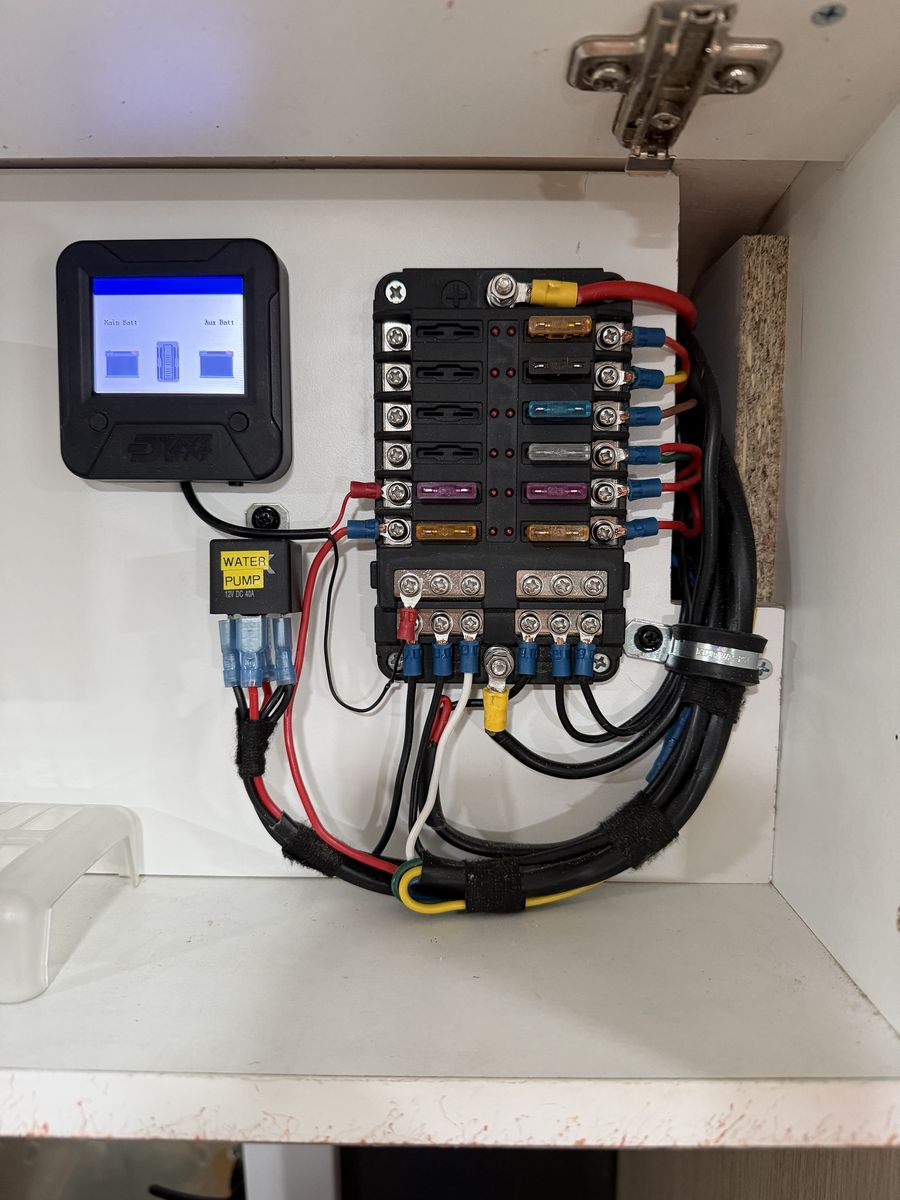12 V fuse panel, water pump relay and battery monitor